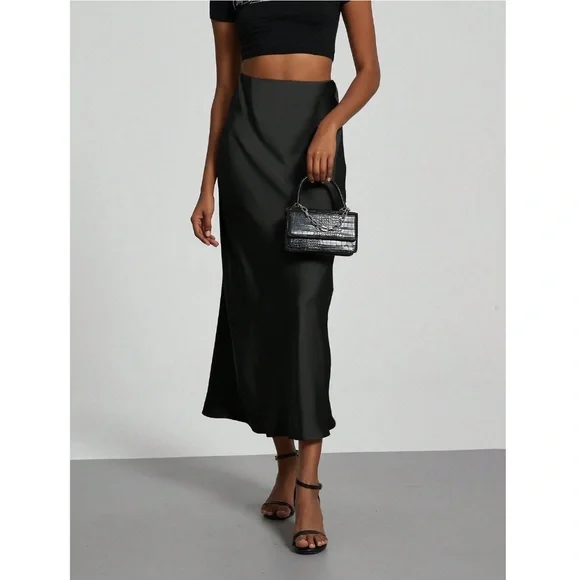 Black Satin A-Line Skirt High Waisted Long - Picture 8 of 14